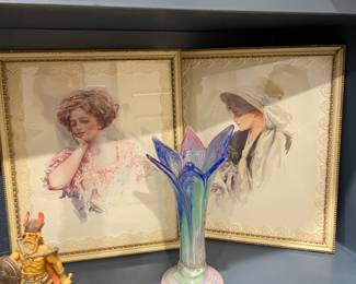 Antique Framed Harrison Fisher Prints, Murano pink and Blue Glass Vase