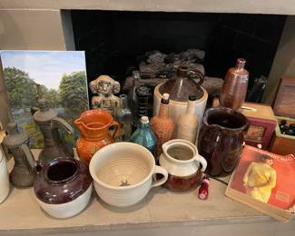 Vintage Crocks, Bottles, 1960s Montgomery Ward Catalog, oil Painting