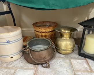 Stoneware Crock, Copper Kettle, Brass Spittoon