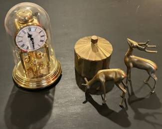 Brass Deer, Brass Container and Anniversary Clock