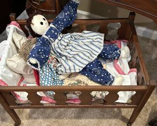 Antique Wood Doll Crib and Dolls