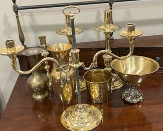 Assorted Brass Candlesticks, Bowls, Cannister and Candlebra