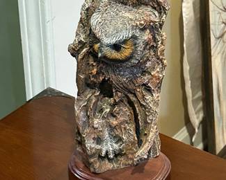 Tall Resin Owl Statue on Wood Base