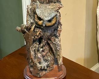 Tall Resin Owl Statue on Wood Base