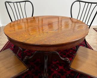 Antique Tiger Oak Claw Foot Pedestal Dining Table with Four Spindle Chairs