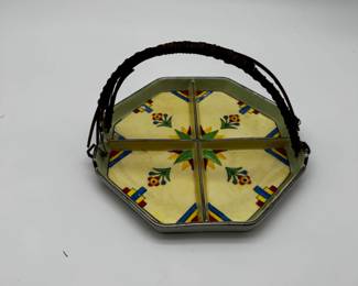 Hand Painted Divided Serving Dish with Woven Handle, Made in Japan