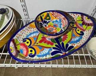 HandPainted Talavera Pottery Chip and Dip Set  Cobalt Blue Floral