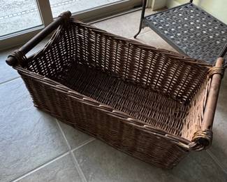 The Basket Lady Long Low Wicker Storage Basket with Wooden Handles