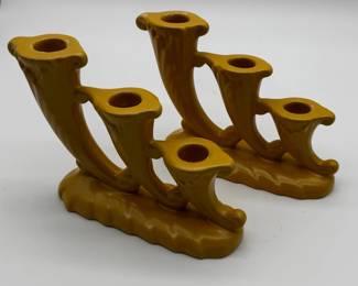 Pair of Vintage Camark Pottery Yellow Cornucopia Candlestick Holders