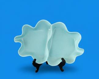 Vintage Turquoise Blue Speckled Glass Divided Serving Dish on Metal Stand