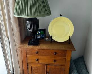 Antique Oak Washstand with Green Pleated Lampshade