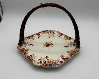 Hand Painted Japan Ceramic Basket Dish with Wicker Handle