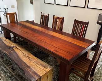 Reclaimed Wood Dining Table with Live Edge Bench and Eclectic Chairs