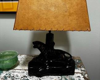 Vintage Black Panther TV Lamp with Planter and Parchment Shade
