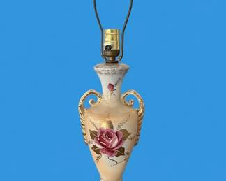 Vintage HandPainted Porcelain Urn Table Lamp with Rose Motif and Gold Handles