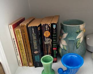 Collection of Vintage Paperback Books, TealBlue Floral Vase, Green Crackle Vase, and Blue Cornucopia Glass
