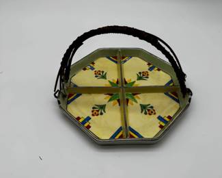 Hand Painted Divided Serving Dish with Woven Handle, Made in Japan