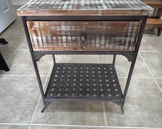 Rustic Industrial Nightstand with Drawer and Woven Shelf