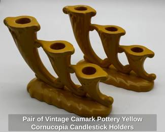 Pair of Vintage Camark Pottery Yellow Cornucopia Candlestick Holders