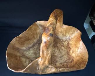 Hand Carved Burl Wood Basket with Integrated Handle