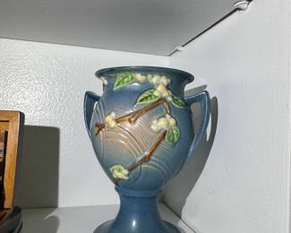 Roseville Pottery Snowberry Blue Double Handled Vase