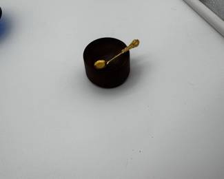 Antique Dark Wood Container with Gilt Rose Spoon