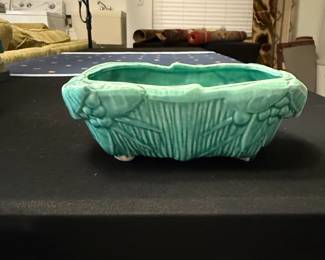 Vintage McCoy Pottery Turquoise Planter with Leaves and Berries Motif