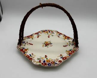 Hand Painted Japan Ceramic Basket Dish with Wicker Handle