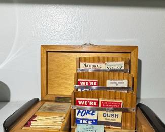 Vintage Wooden Matchbox Holder with Assorted Matchbooks