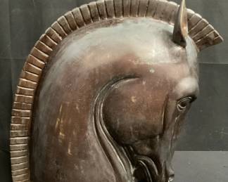 Bronze horse head sculpture, signed Initialed KW.