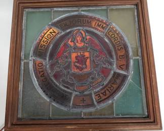 Antique back-lit stained glass religious panel