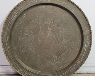 Vintage Chinese etched brass tray with scalloped
