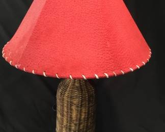 Vintage wicker table lamp with leather shade