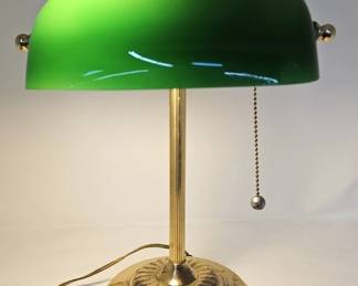 Vintage brass bankers lamp with green glass shade