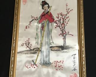 Vintage Chinese watercolor painting on silk