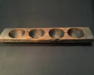 Primitive hand carved wood trough with bowls