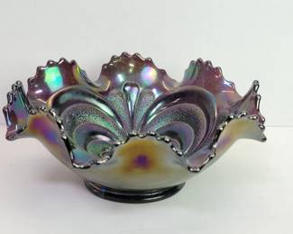 Vintage amethyst carnival glass bowl with ruffled edge