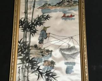 Vintage Chinese watercolor painting on silk