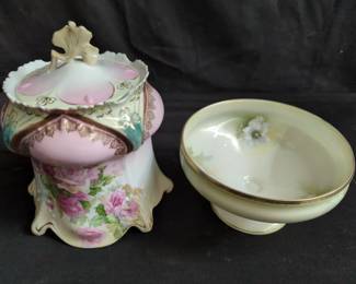 Pair of RS Prussia porcelain biscuit jar and bowl