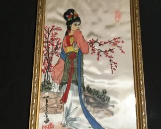 Vintage Chinese watercolor painting on silk