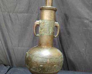 Vintage Chinese brass vase table lamp with elephant head handles