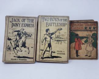 Antique books – "Uncle Tom's Cabin," "Two Boys of the Battleship," "Jack of the Pony Express."