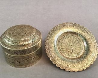Antique Persian hand-engraved enameled brass covered box and small dish
