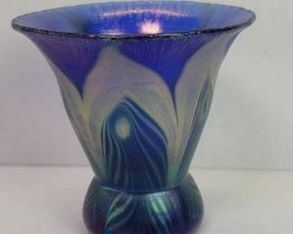 Signed hand-blown iridescent art glass vase