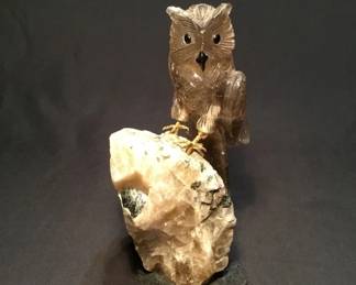 Quartz owl carving on quartz & marble base