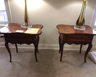 Beautiful pair of antique inlaid end tables, tops open
