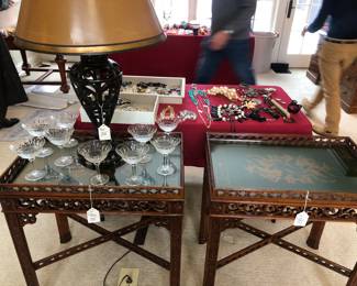 Pair of matching end tables with painted tops 