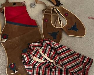 Vintage child’s Sheriff’s suit -shirt,vest,chaps,hat ,holster,plastic gun & badge…