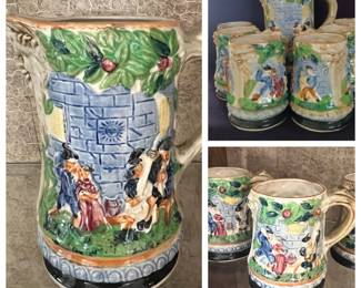 Vintage beer pitcher with 6 mugs..German style Majolica made in Japan