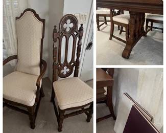 2 Captain’s chairs and 6 side chairs with table pads. Table. has a matching china cabinet that will be sold separately